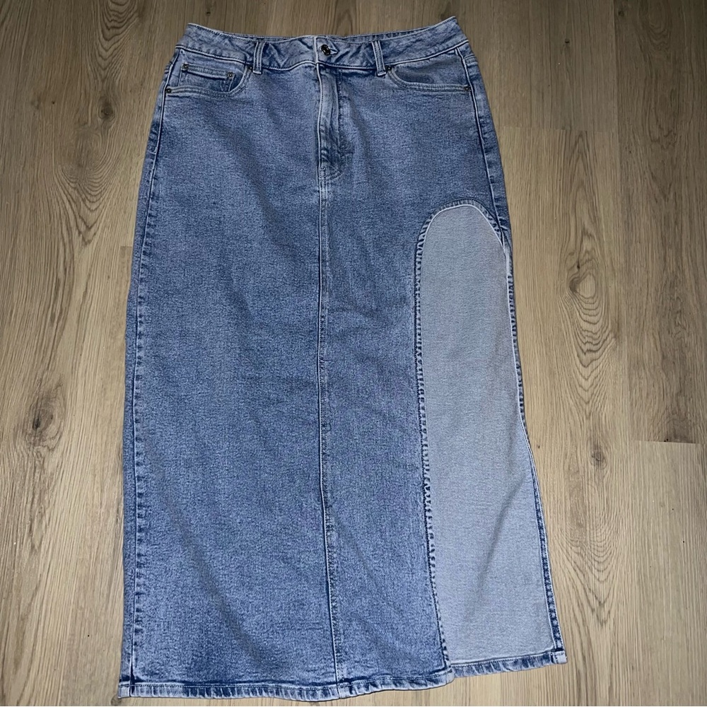 ASOS Blue Denim Midi Skirt Size 12 Cut Out Panel